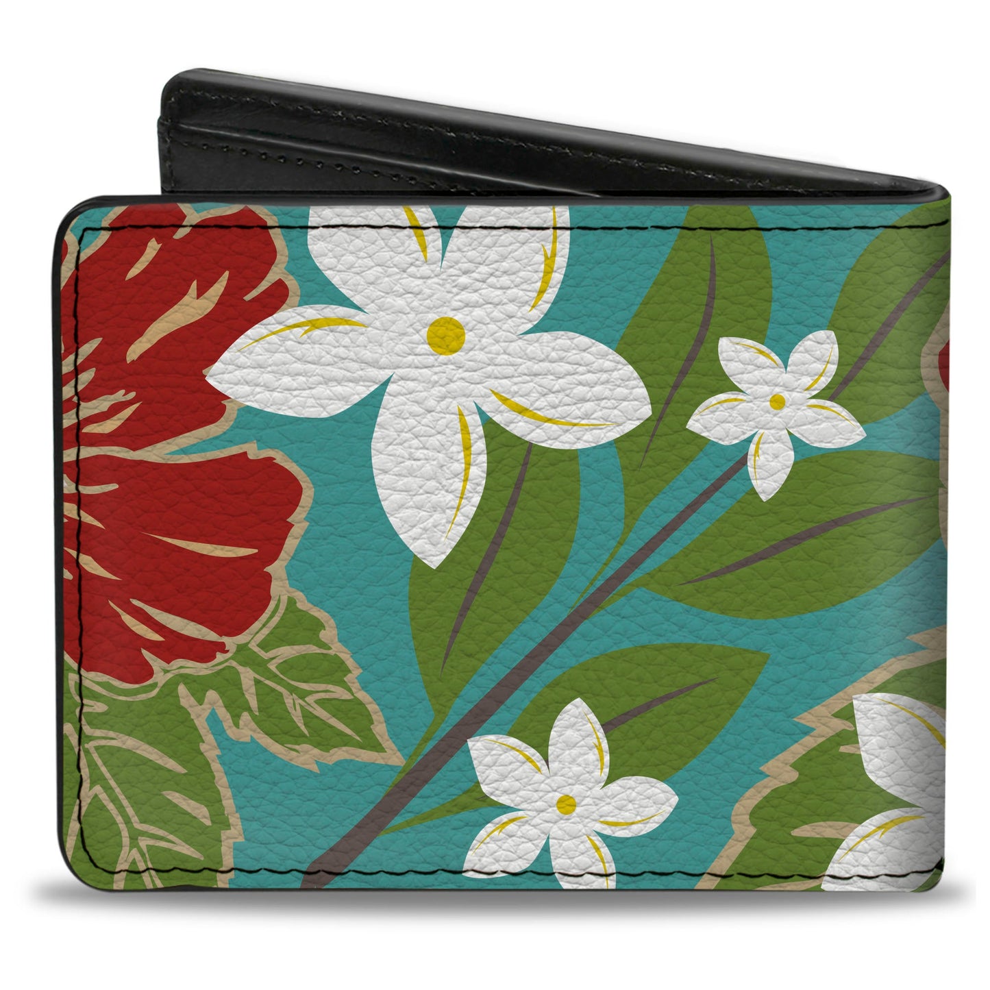 Bi-Fold Wallet - Hibiscus & Plumerias Turquoise Green Red White