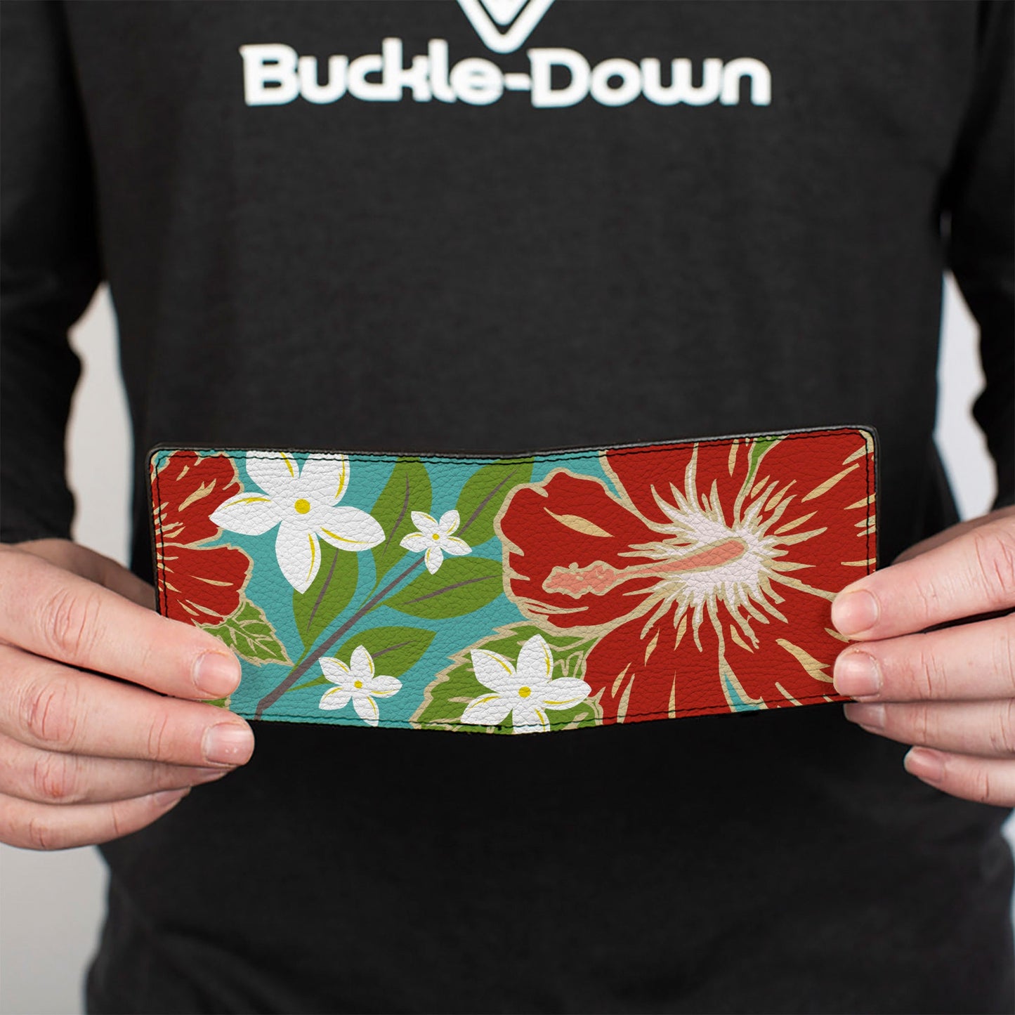 Bi-Fold Wallet - Hibiscus & Plumerias Turquoise Green Red White