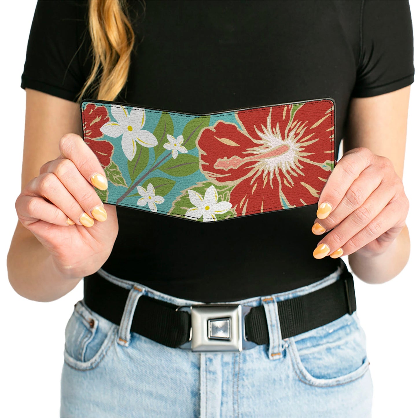Bi-Fold Wallet - Hibiscus & Plumerias Turquoise Green Red White