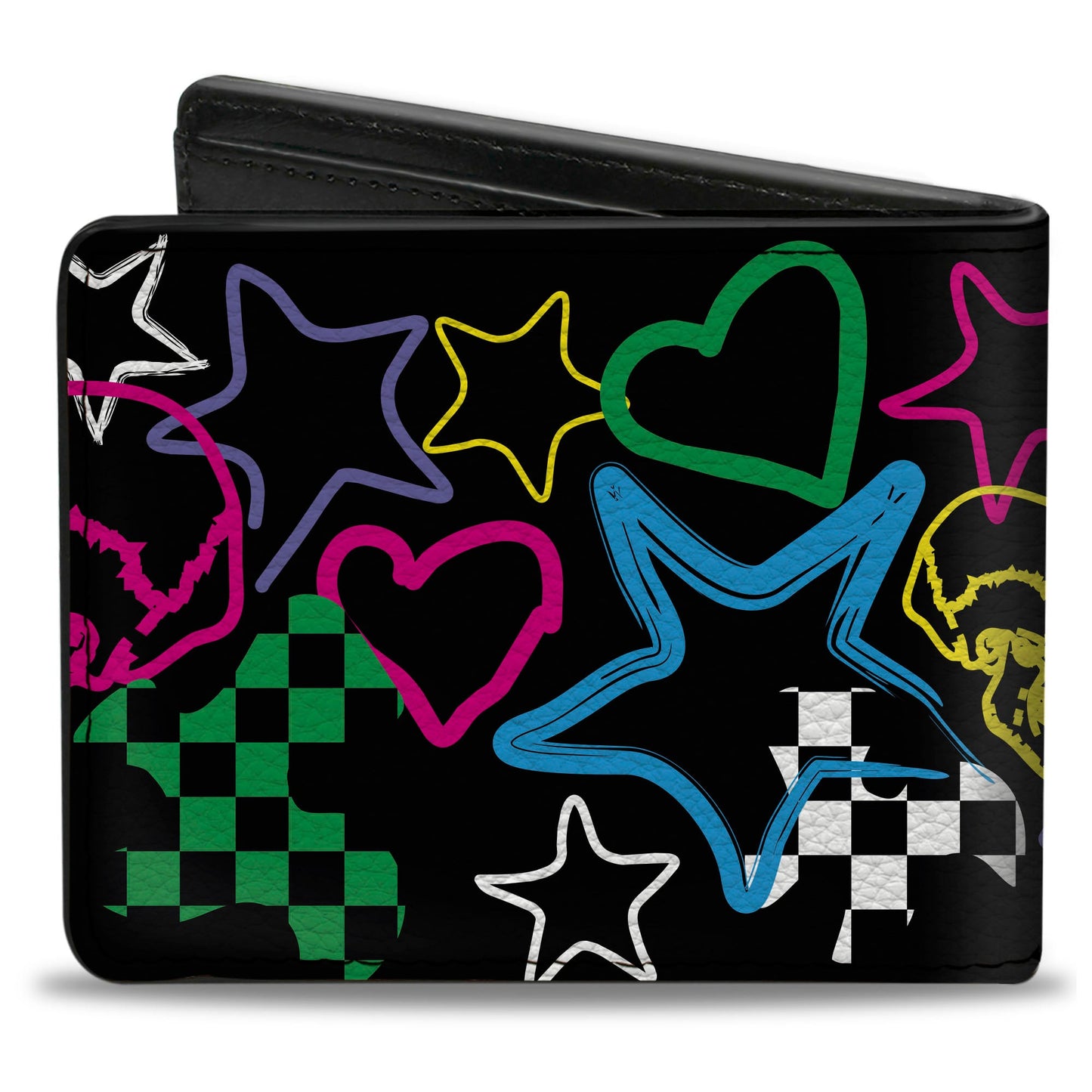 Bi-Fold Wallet - Sketch Skull Star Heart Checker Black Multi Color