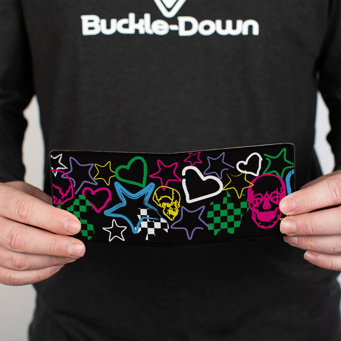 Bi-Fold Wallet - Sketch Skull Star Heart Checker Black Multi Color