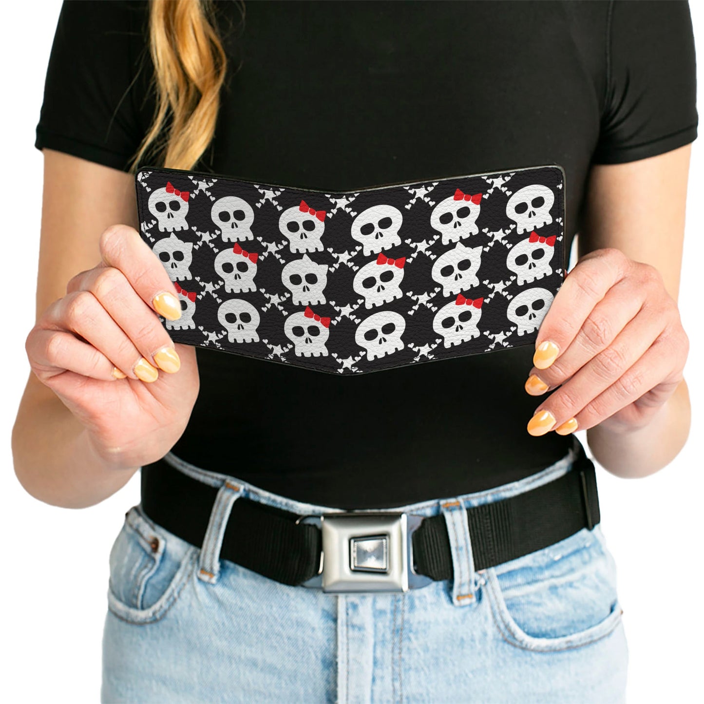 Bi-Fold Wallet - Skull w Bow Black White Red
