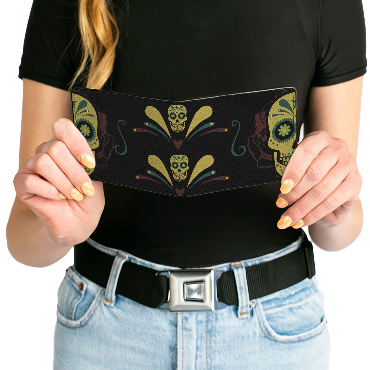 Bi-Fold Wallet - Sugar Skulls Black Olive Burgundy