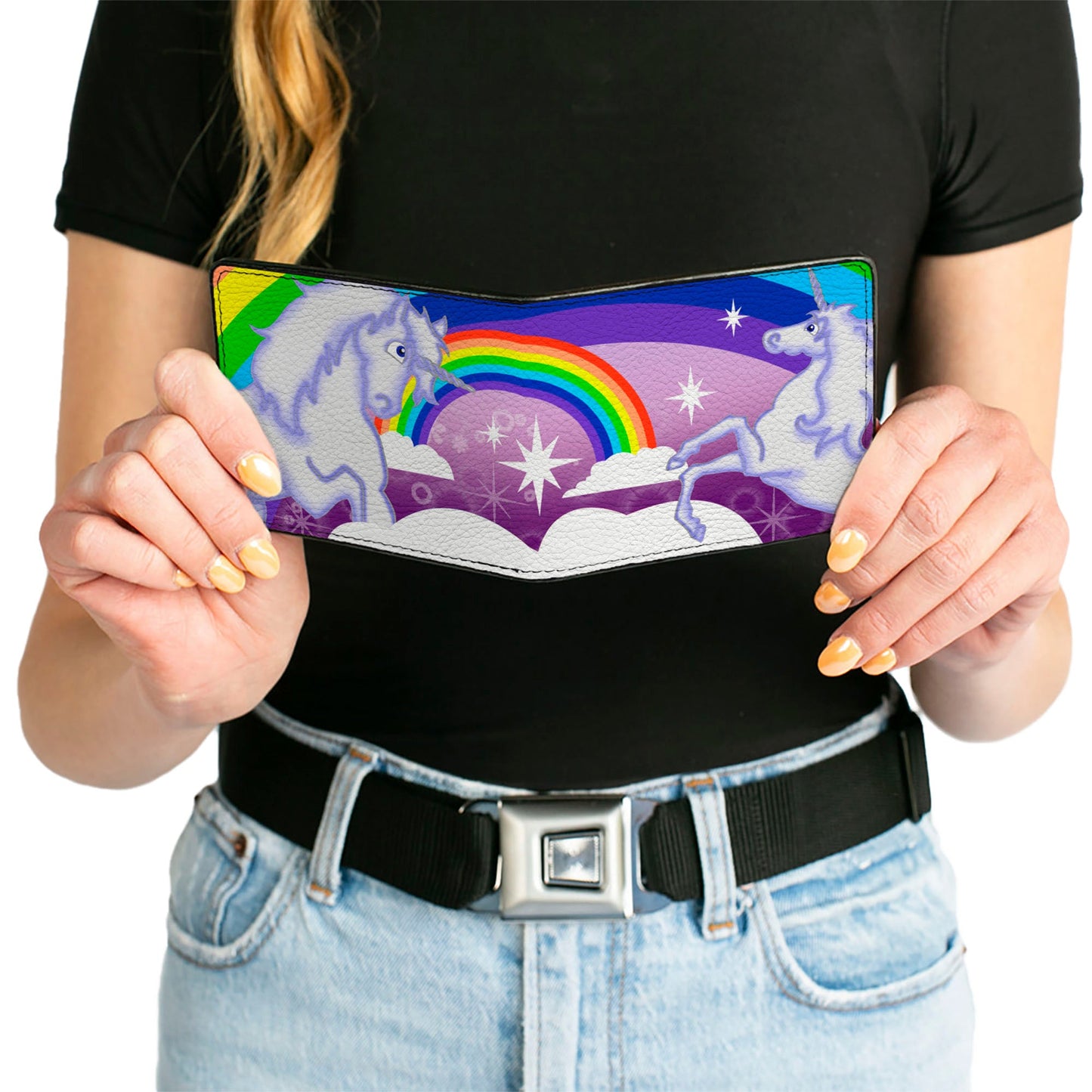 Bi-Fold Wallet - Unicorns in Rainbows w Sparkles Purple