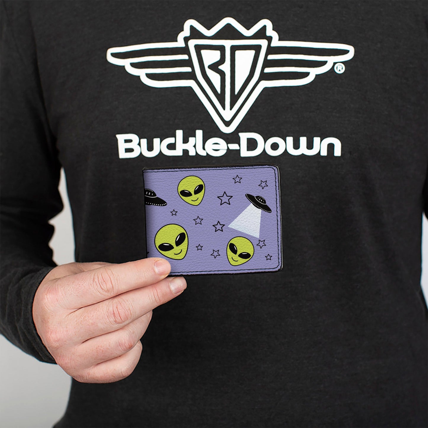 Bi-Fold Wallet - Alien Head Stars UFO's Scattered Lavender Black Green