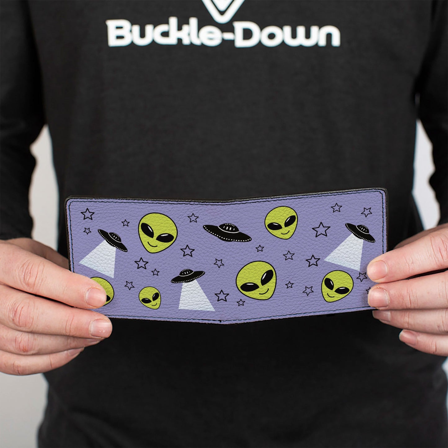 Bi-Fold Wallet - Alien Head Stars UFO's Scattered Lavender Black Green