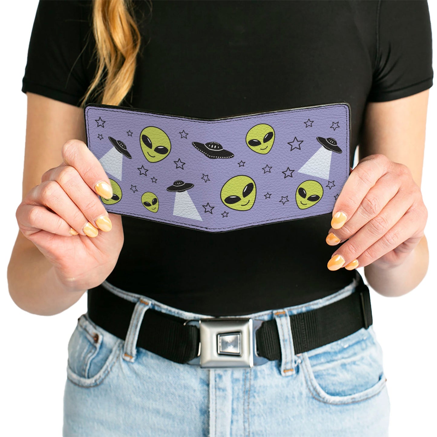 Bi-Fold Wallet - Alien Head Stars UFO's Scattered Lavender Black Green