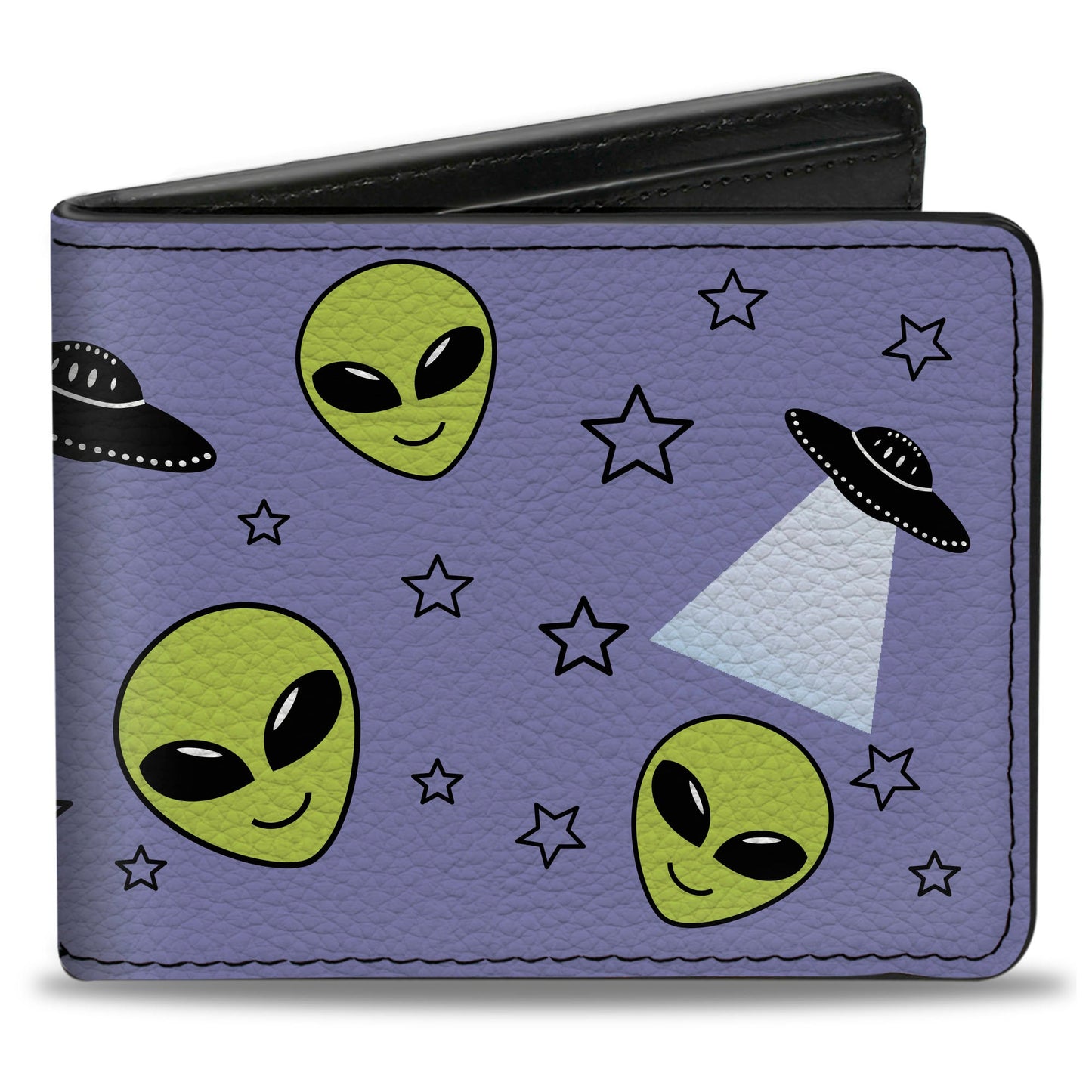 Bi-Fold Wallet - Alien Head Stars UFO's Scattered Lavender Black Green