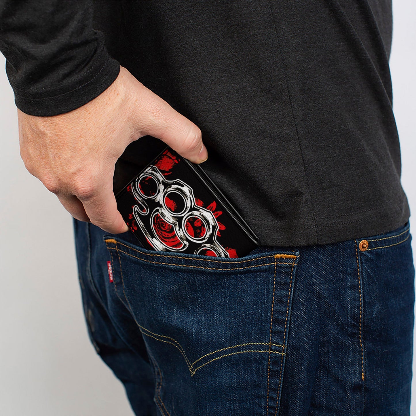 Bi-Fold Wallet - Brass Knuckles Skulls Roses Black Red White