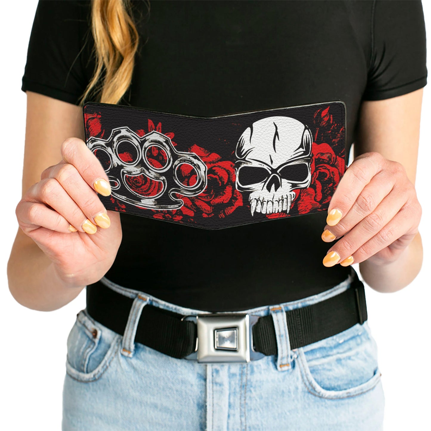 Bi-Fold Wallet - Brass Knuckles Skulls Roses Black Red White
