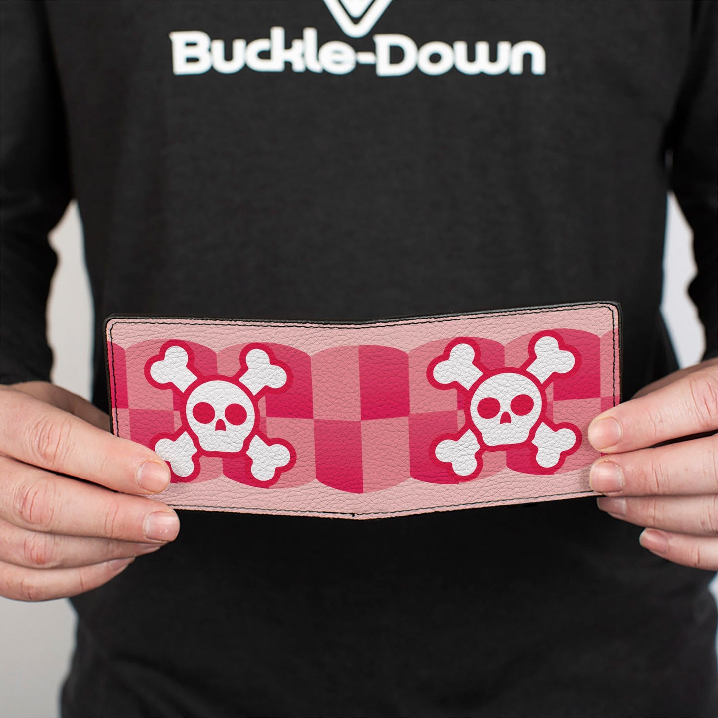 Bi-Fold Wallet - Cute Skulls w Checkers Pinks White