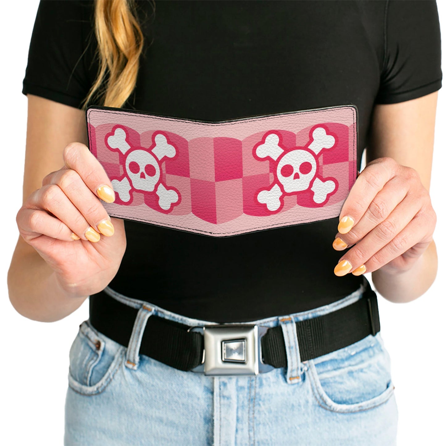 Bi-Fold Wallet - Cute Skulls w Checkers Pinks White