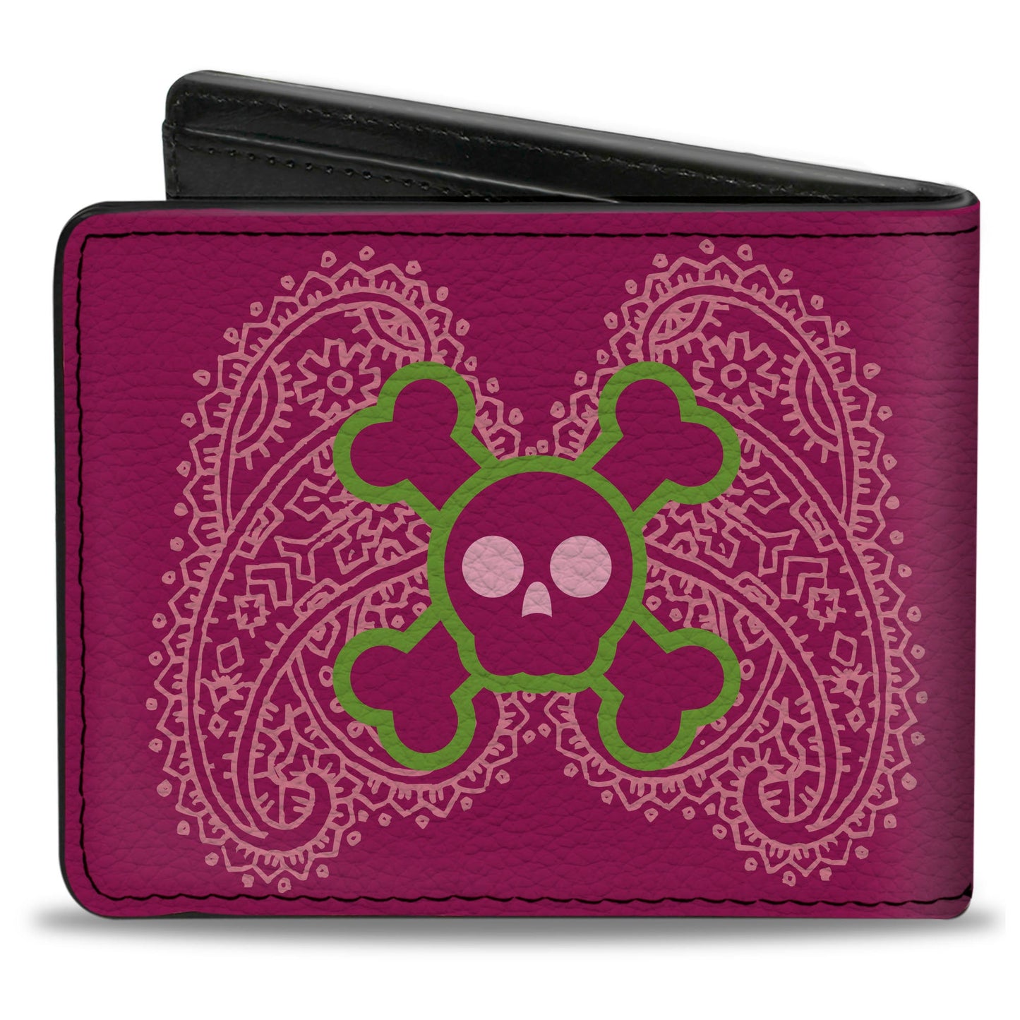 Bi-Fold Wallet - Cute Skulls w Paisley Purple Pink Green