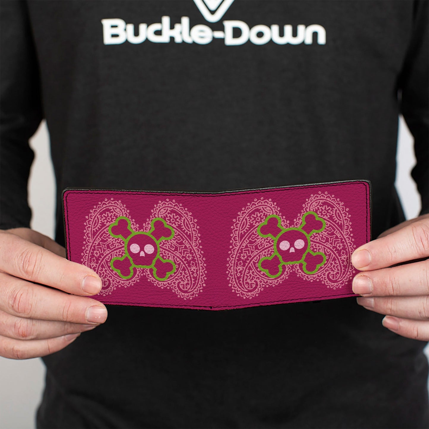 Bi-Fold Wallet - Cute Skulls w Paisley Purple Pink Green