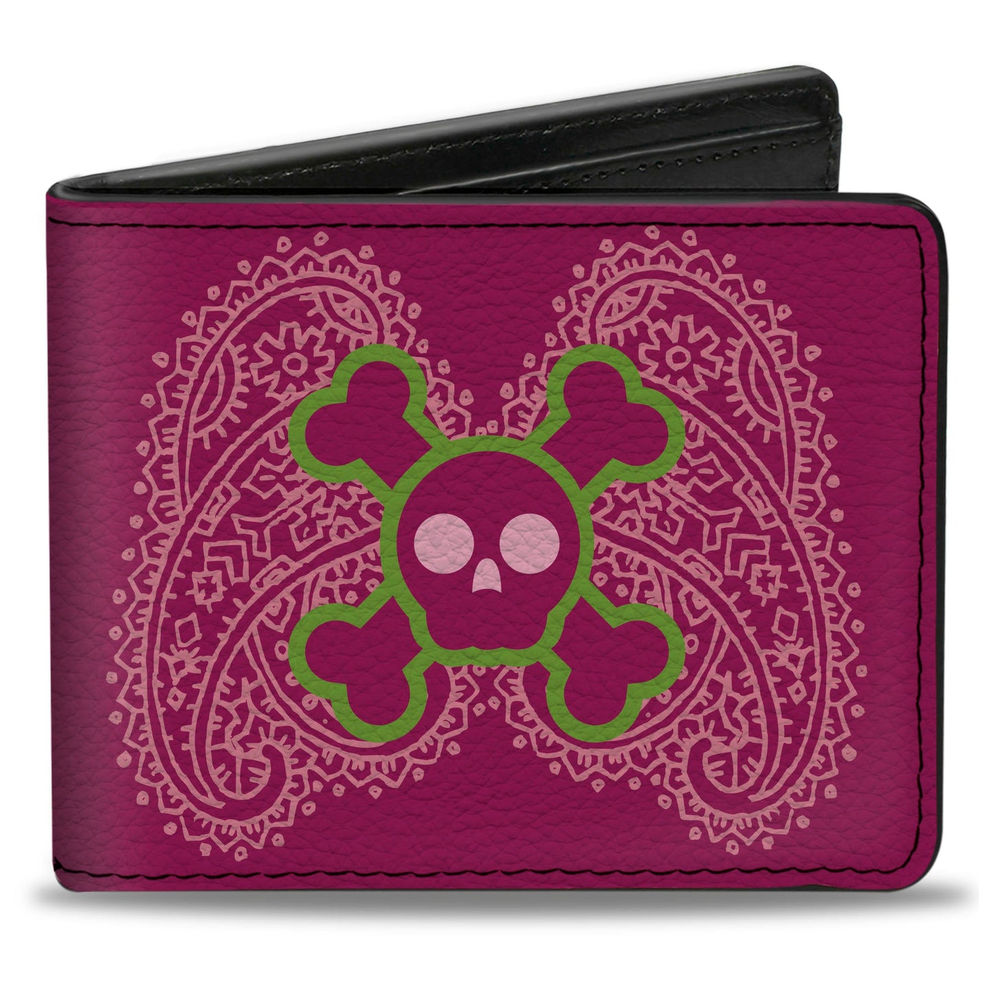 Bi-Fold Wallet - Cute Skulls w Paisley Purple Pink Green