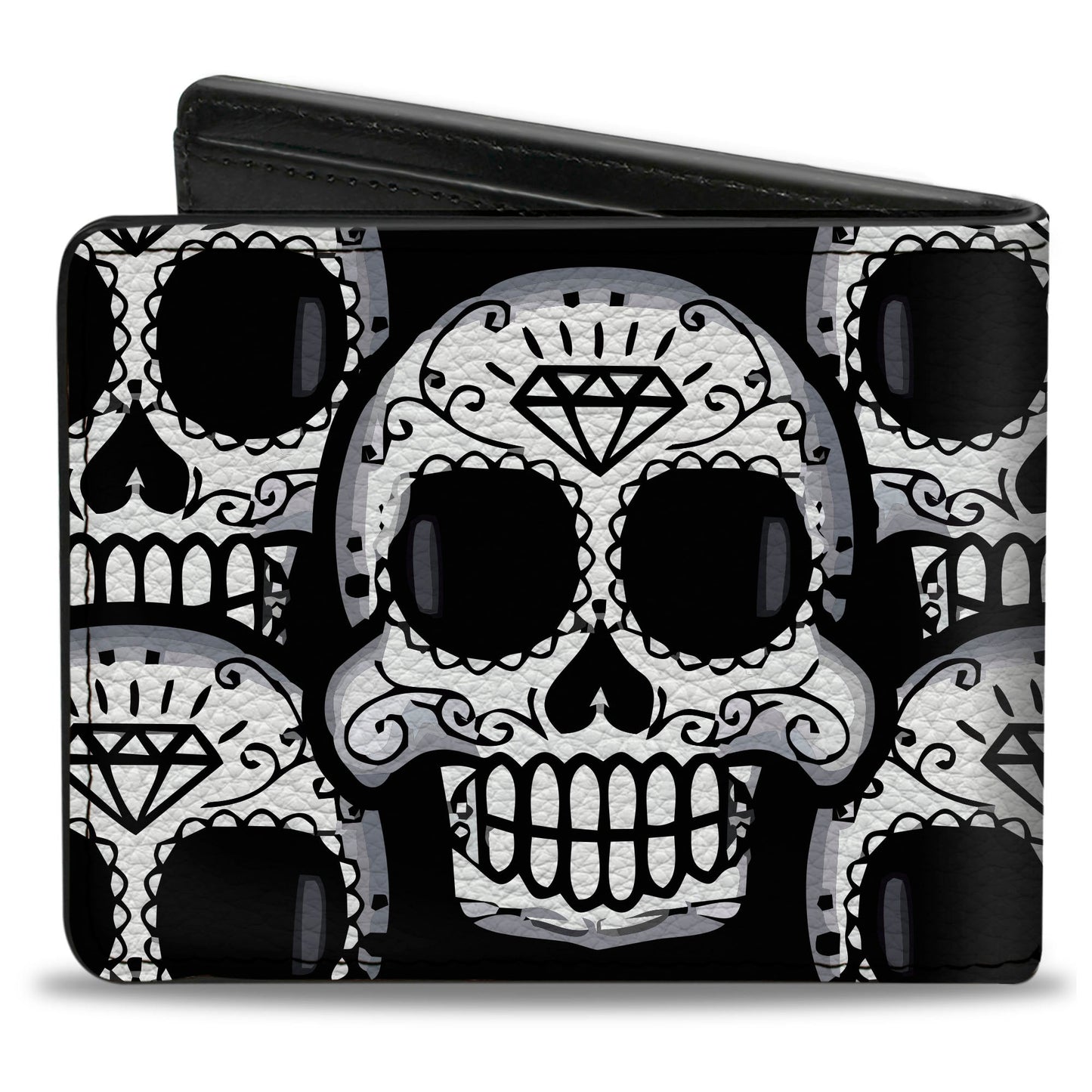 Bi-Fold Wallet - Cartoon Sugar Skulls Stacked Black White
