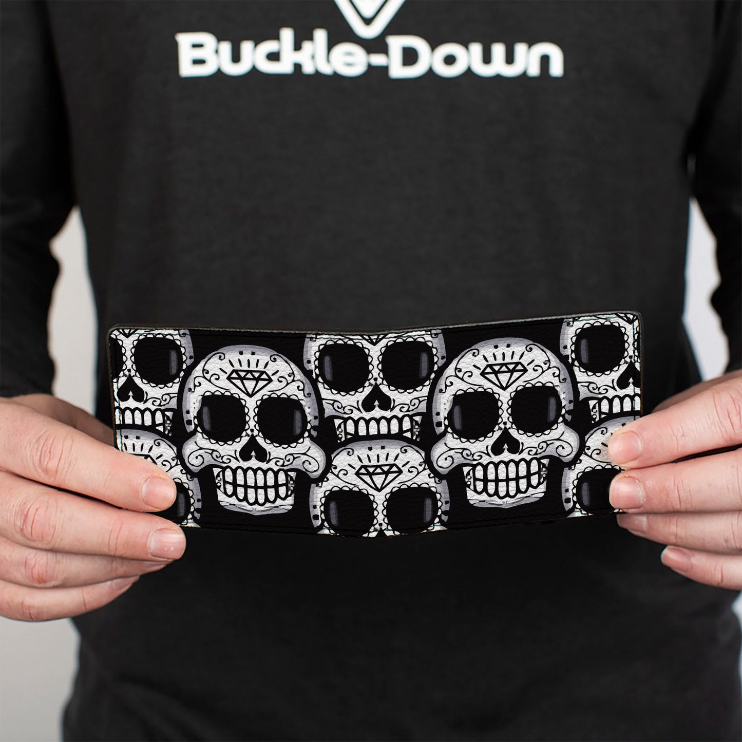 Bi-Fold Wallet - Cartoon Sugar Skulls Stacked Black White