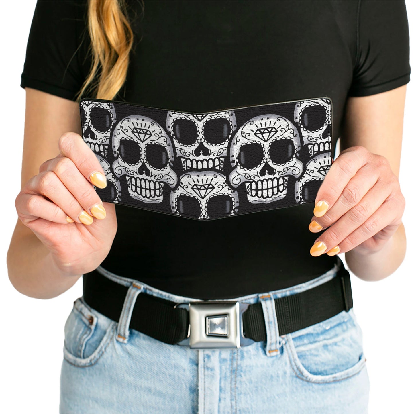 Bi-Fold Wallet - Cartoon Sugar Skulls Stacked Black White