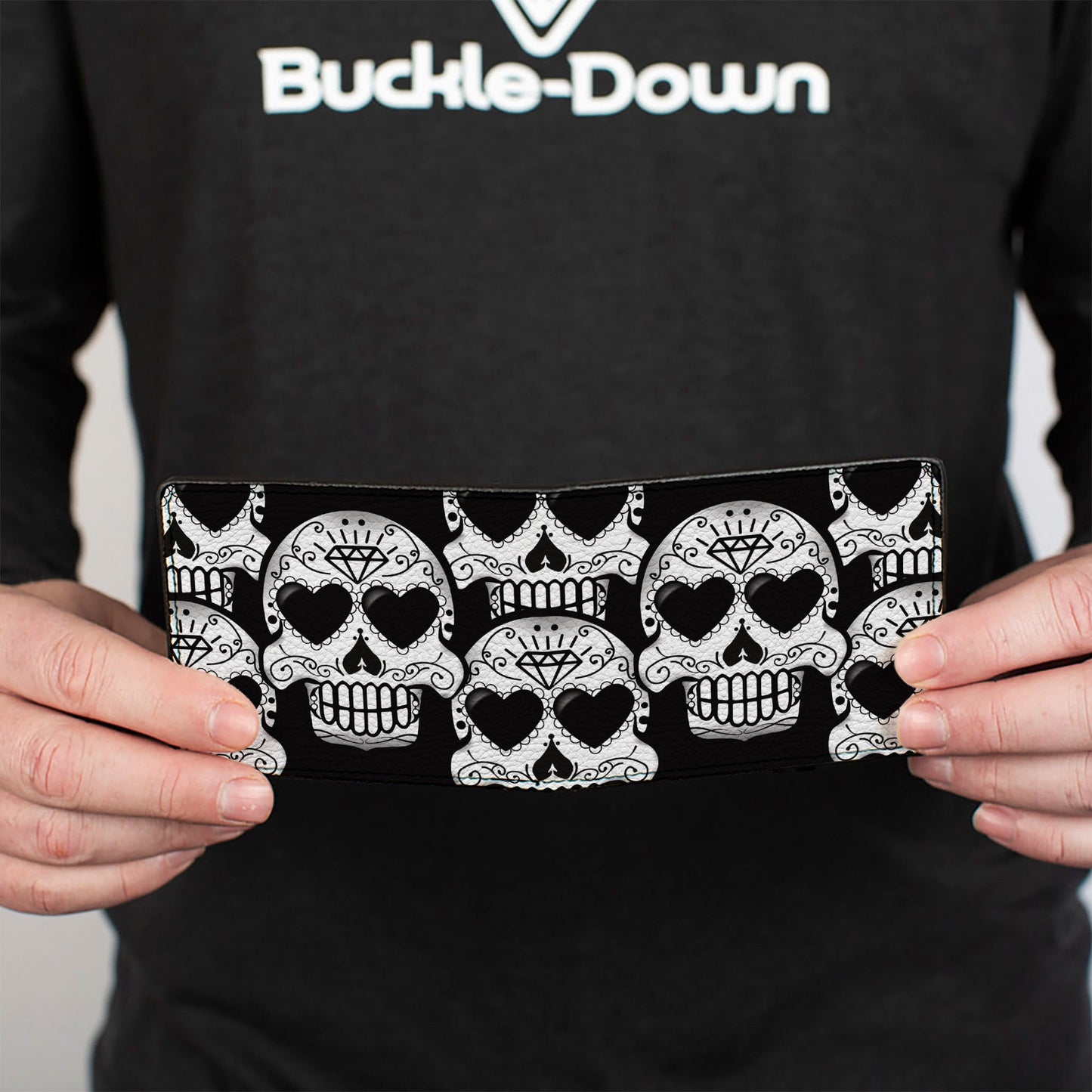 Bi-Fold Wallet - Diamond Sugar Skull Stacked Black Silver Fade White
