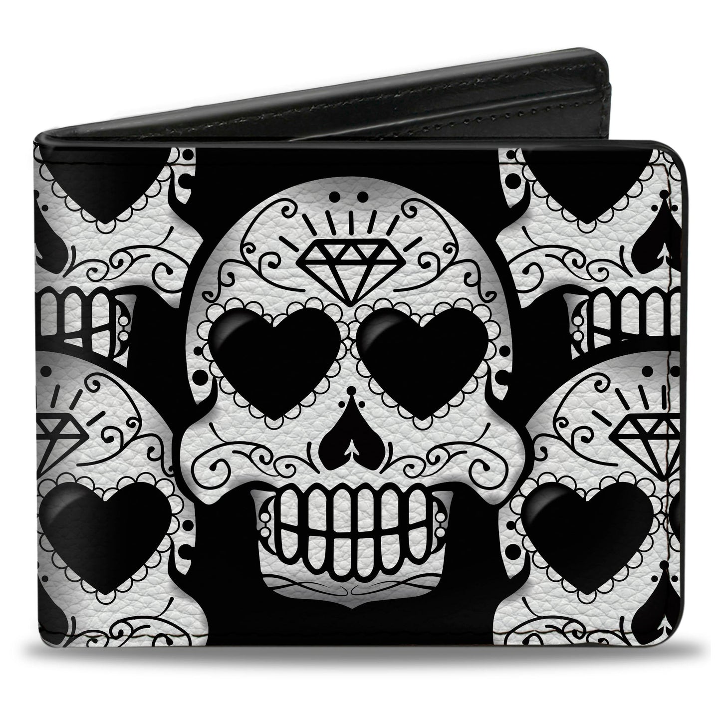 Bi-Fold Wallet - Diamond Sugar Skull Stacked Black Silver Fade White