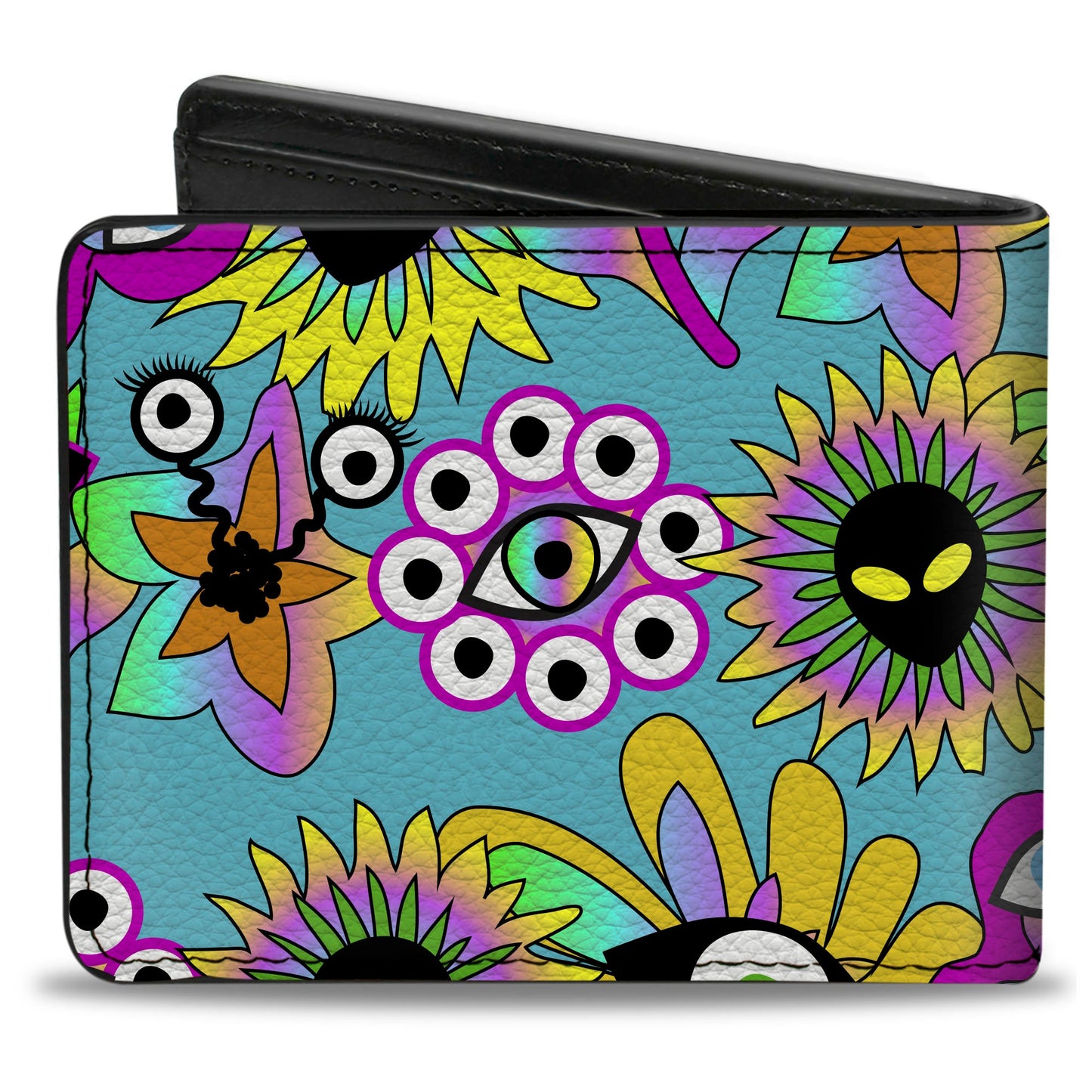 Bi-Fold Wallet - Funky Alien Flowers Aqua Blue/Multi Color