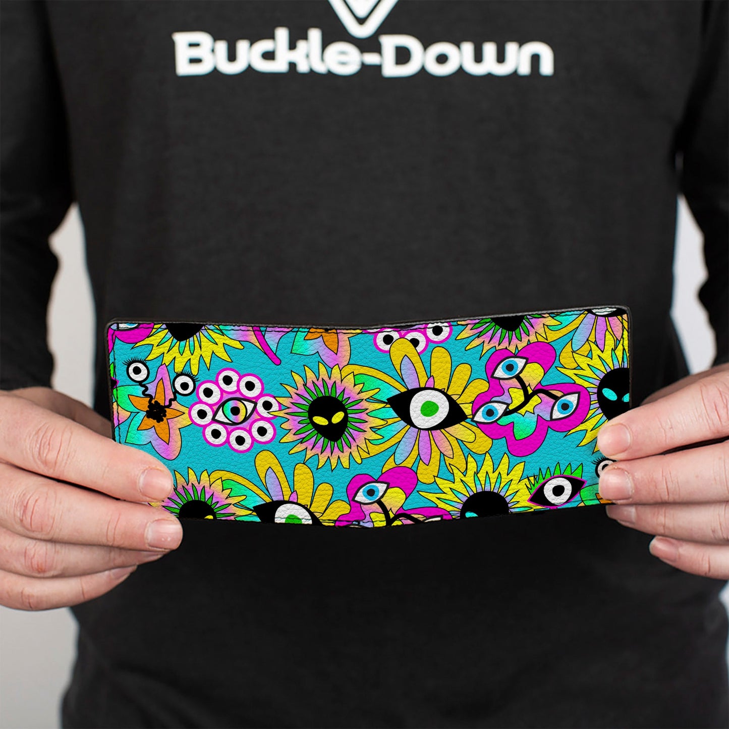 Bi-Fold Wallet - Funky Alien Flowers Aqua Blue/Multi Color