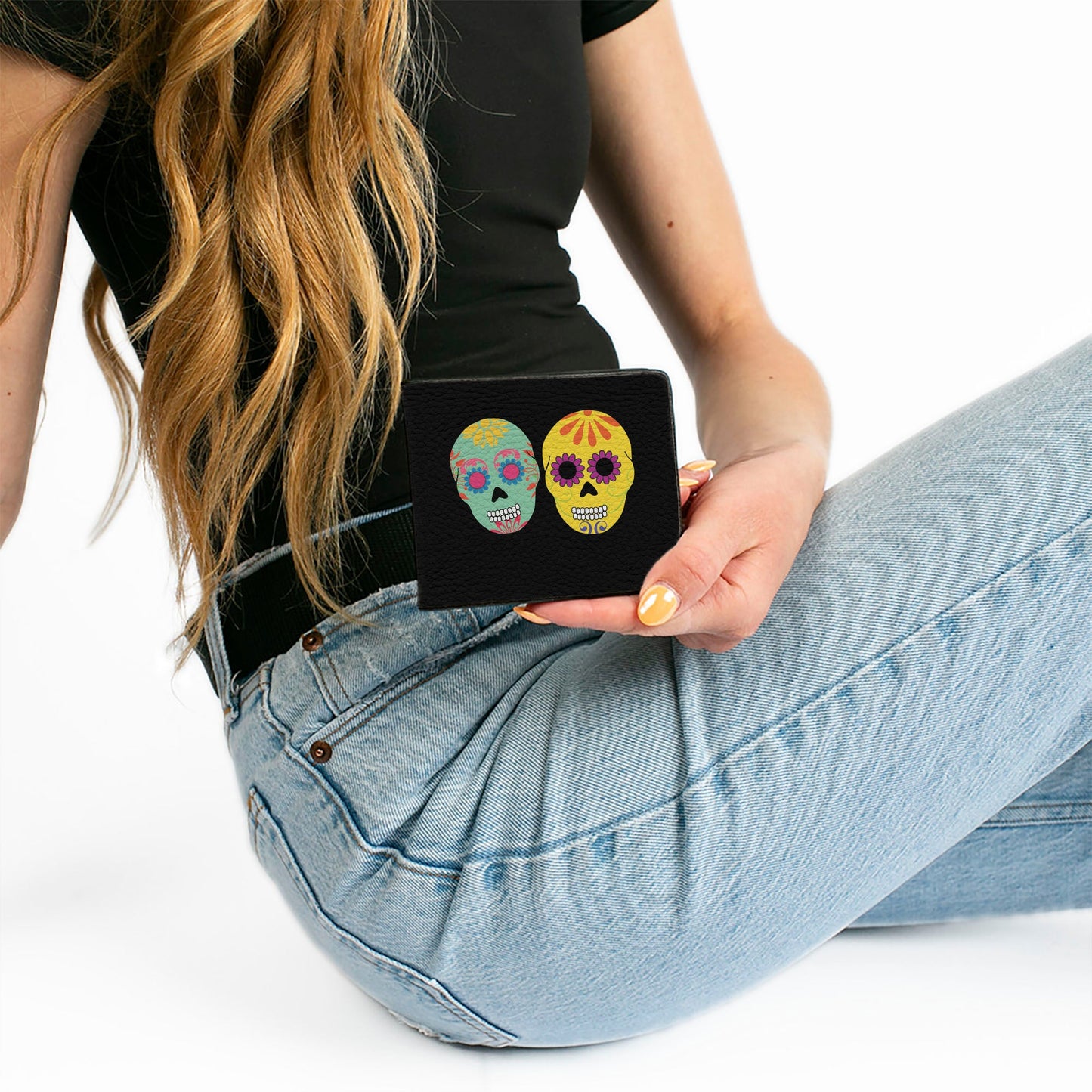 Bi-Fold Wallet - Painted Sugar Skulls Black Multi Color