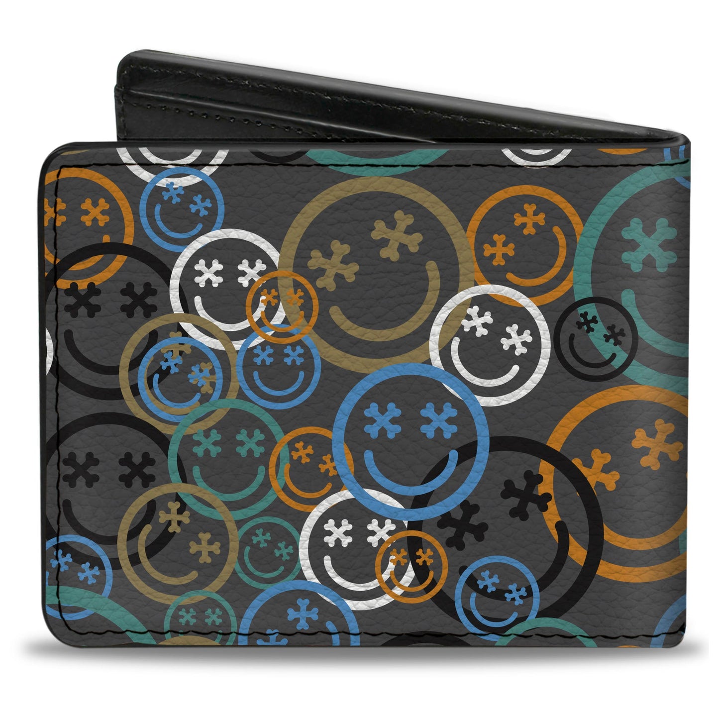 Bi-Fold Wallet - Smiley Face Crossbones Stacked Gray/Multi Color