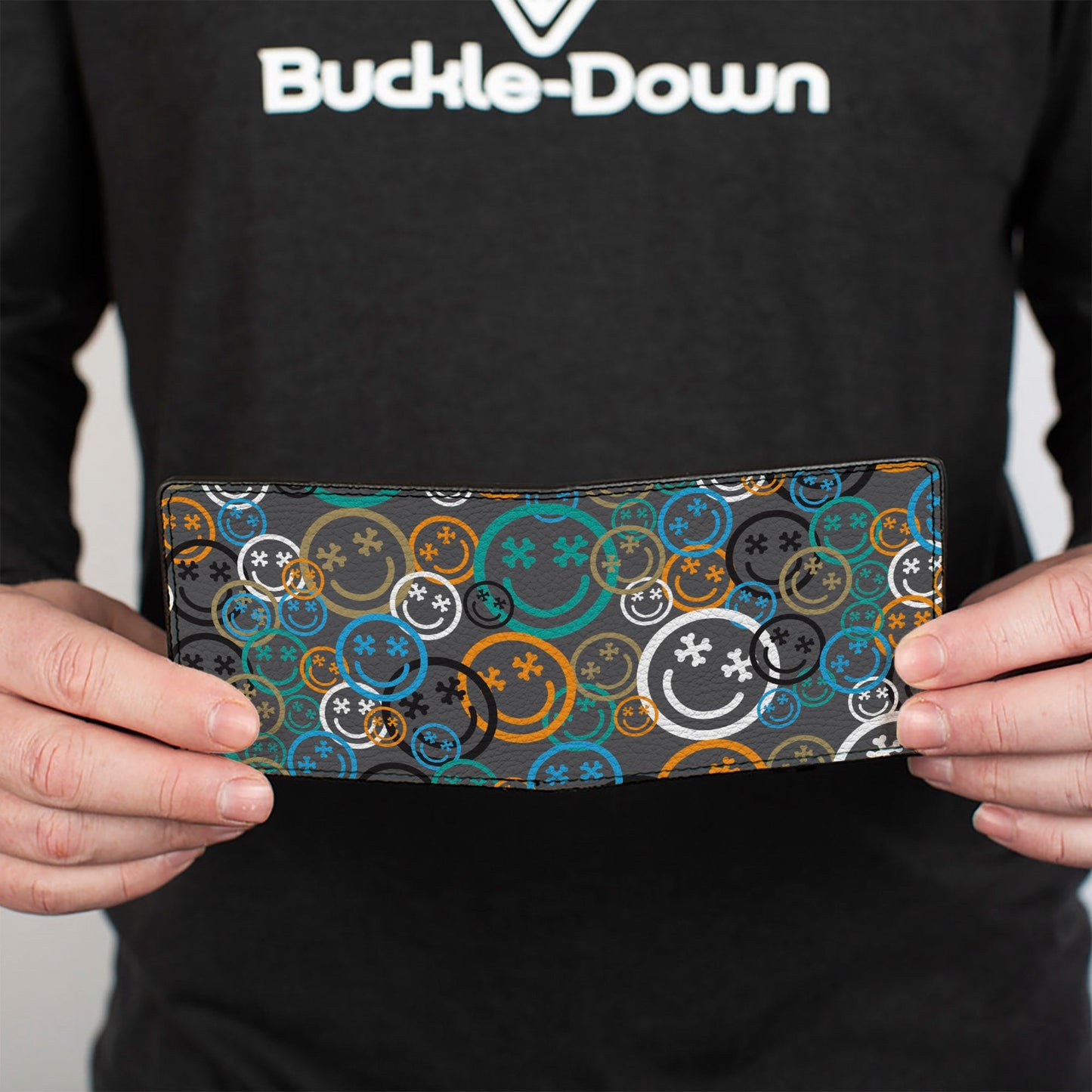 Bi-Fold Wallet - Smiley Face Crossbones Stacked Gray/Multi Color
