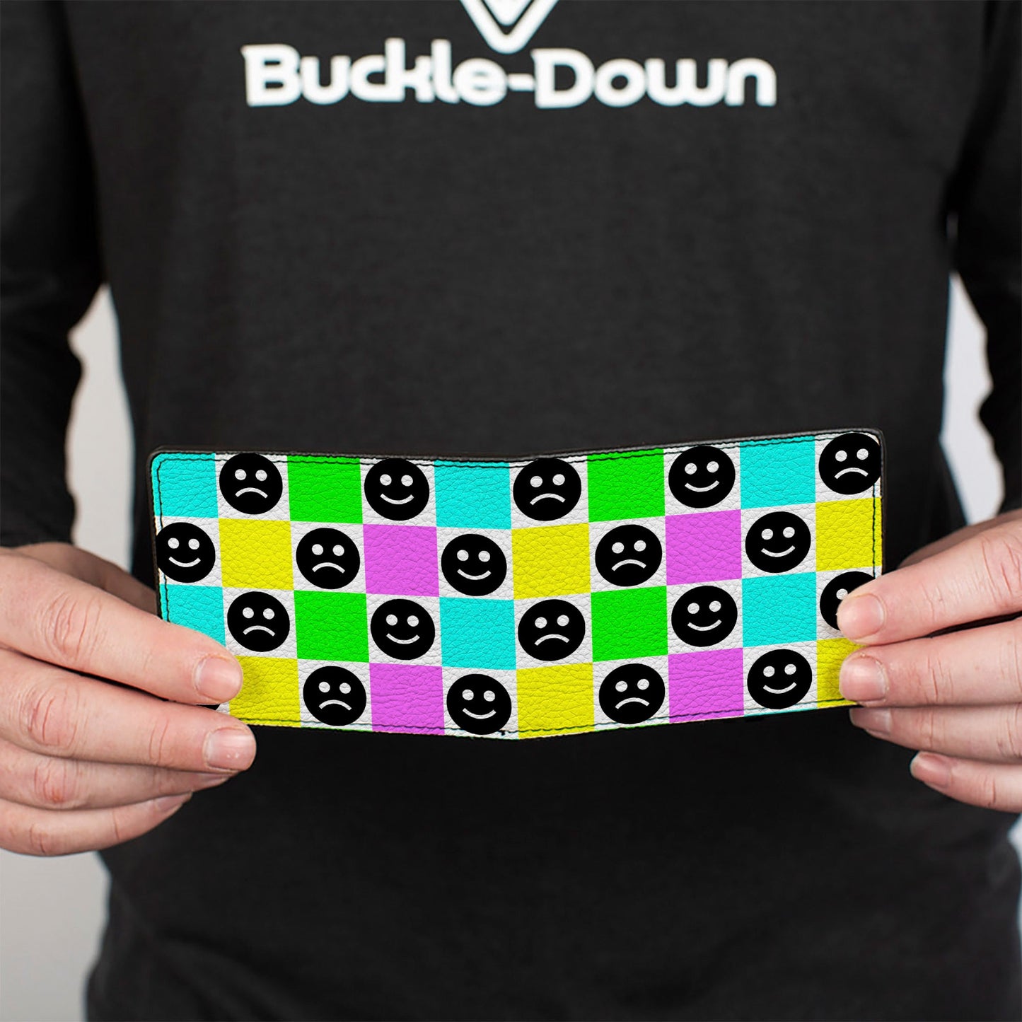 Bi-Fold Wallet - Smiley Sad Face Checker Multi Color/White