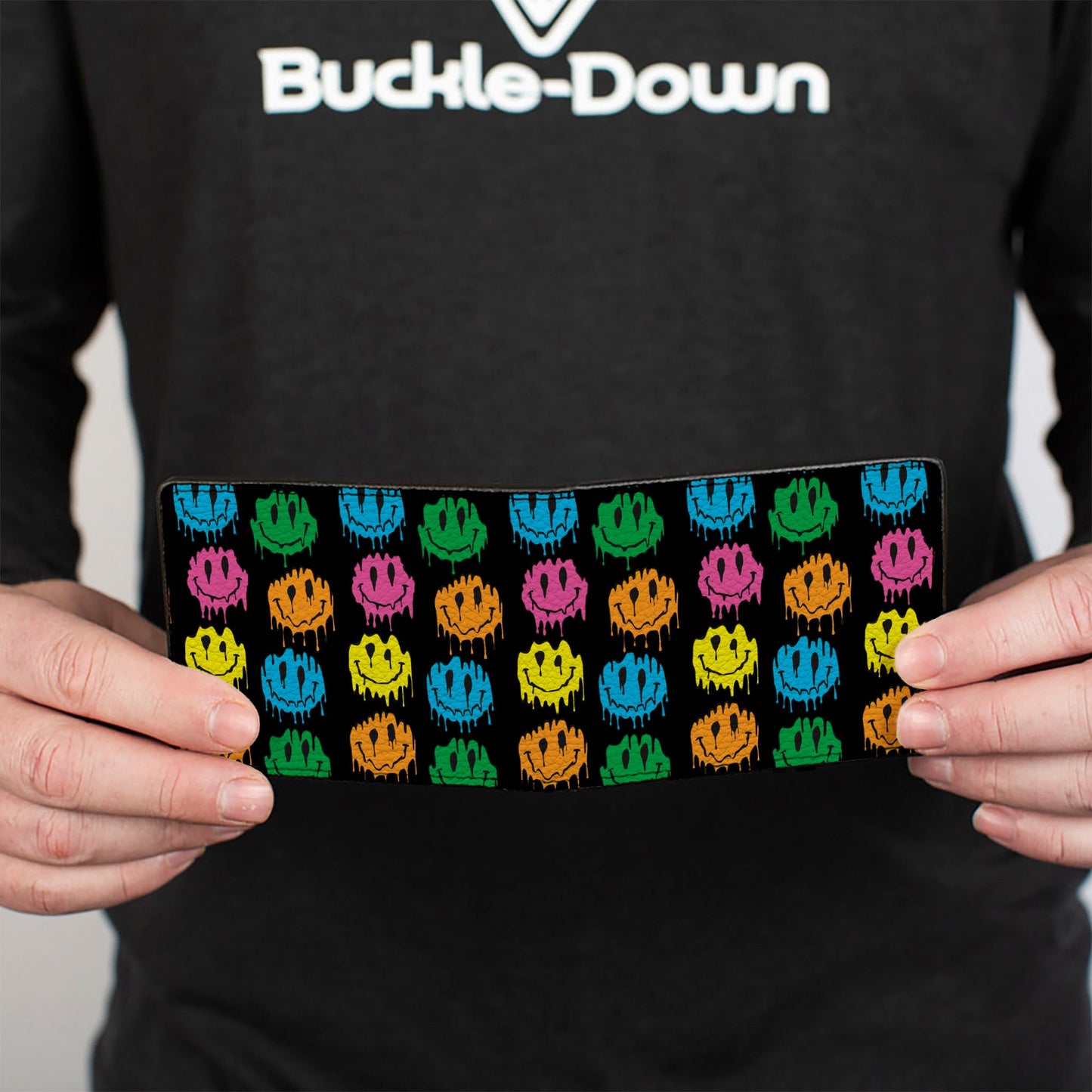 Bi-Fold Wallet - Smiley Faces Melted Mini Repeat Black Multi Neon