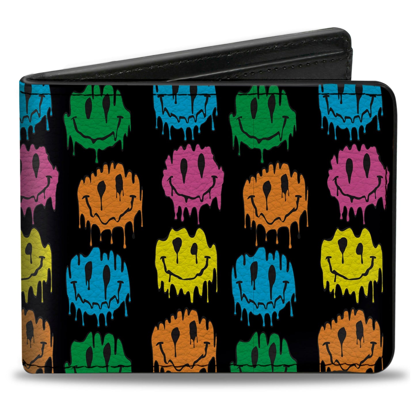 Bi-Fold Wallet - Smiley Faces Melted Mini Repeat Black Multi Neon