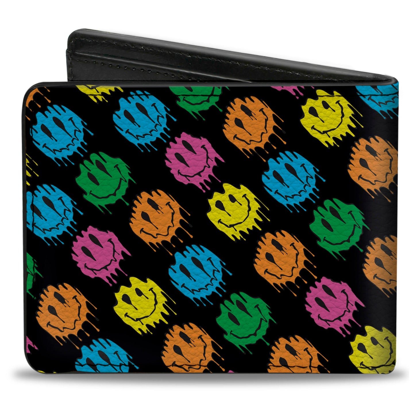 Bi-Fold Wallet - Smiley Faces Melted Mini Repeat Angle Black Multi Neon