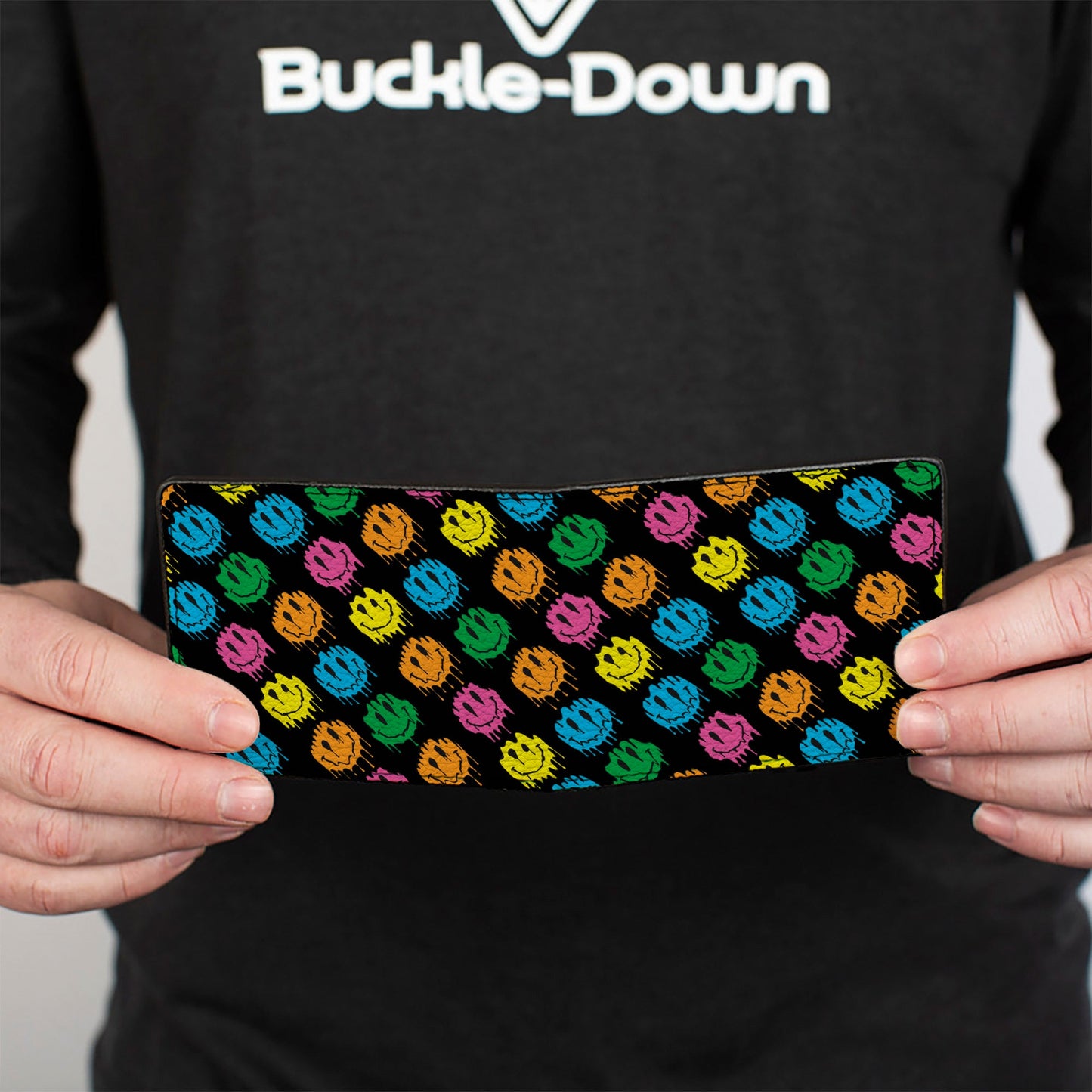 Bi-Fold Wallet - Smiley Faces Melted Mini Repeat Angle Black Multi Neon