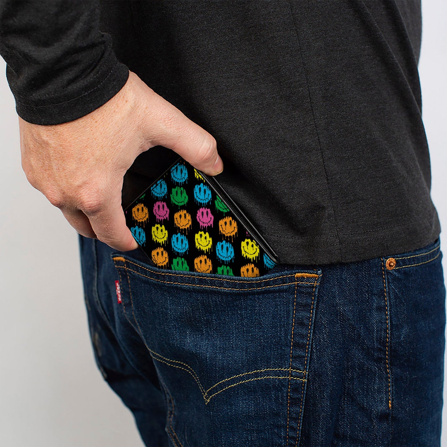 Bi-Fold Wallet - Smiley Faces Melted Mini Repeat Angle Black Multi Neon