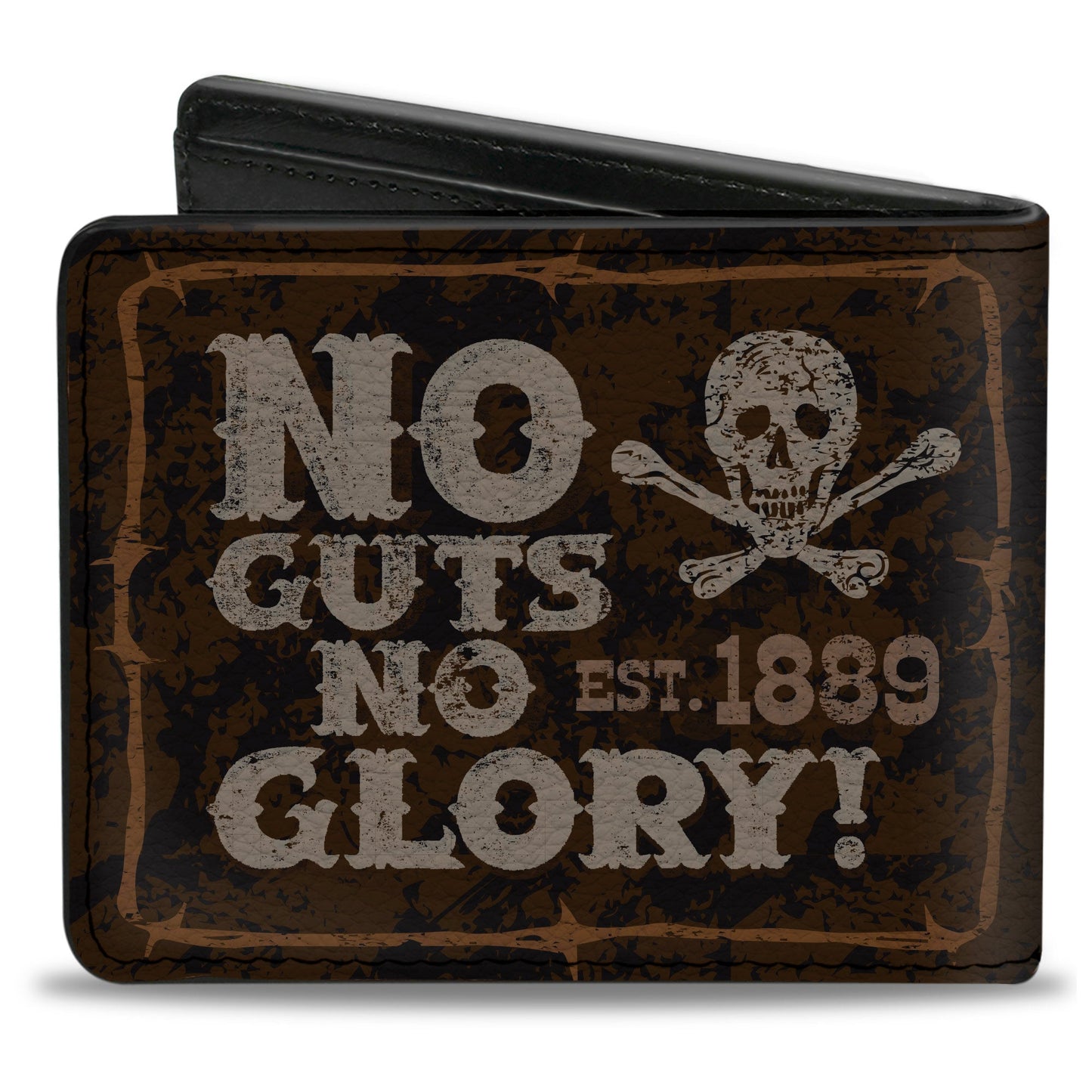 Bi-Fold Wallet - Western NO GUTS NO GLORY Skull and Crossbones Browns Gray