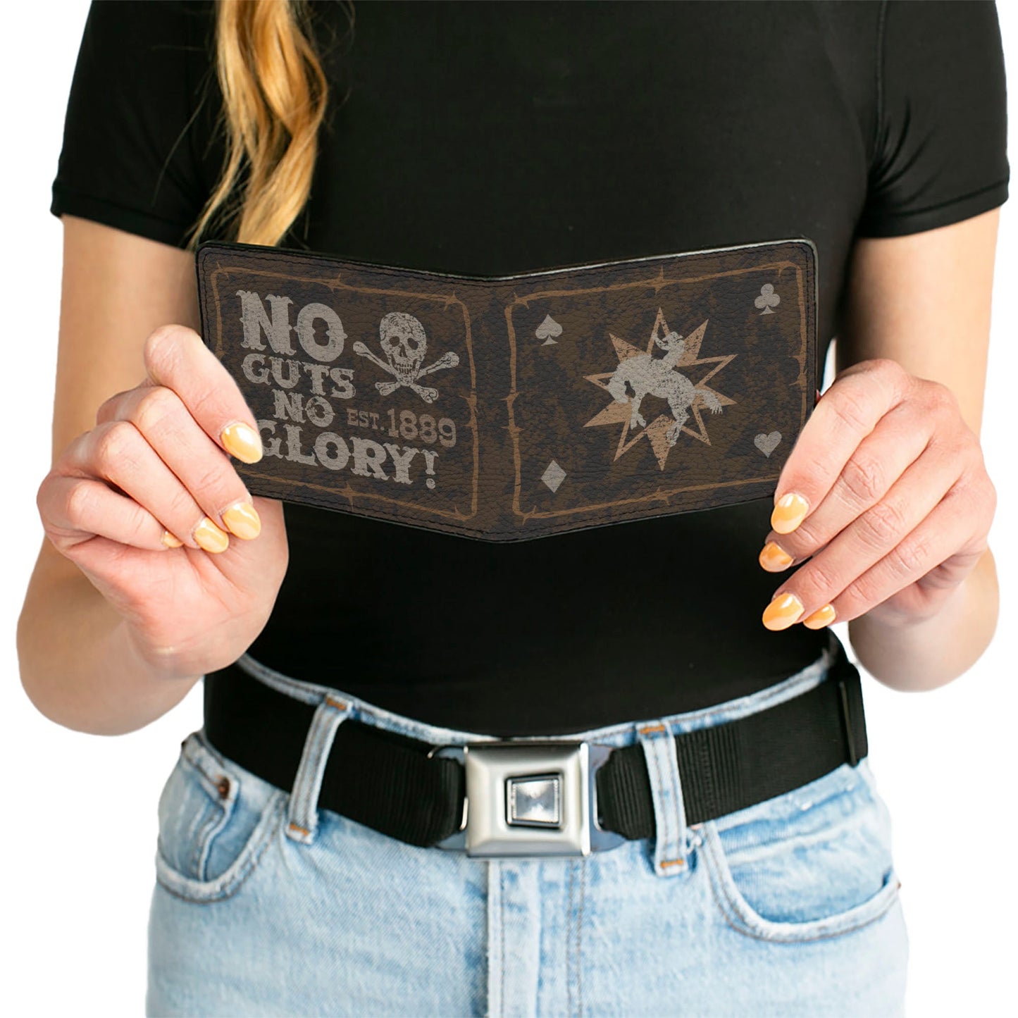 Bi-Fold Wallet - Western NO GUTS NO GLORY Skull and Crossbones Browns Gray