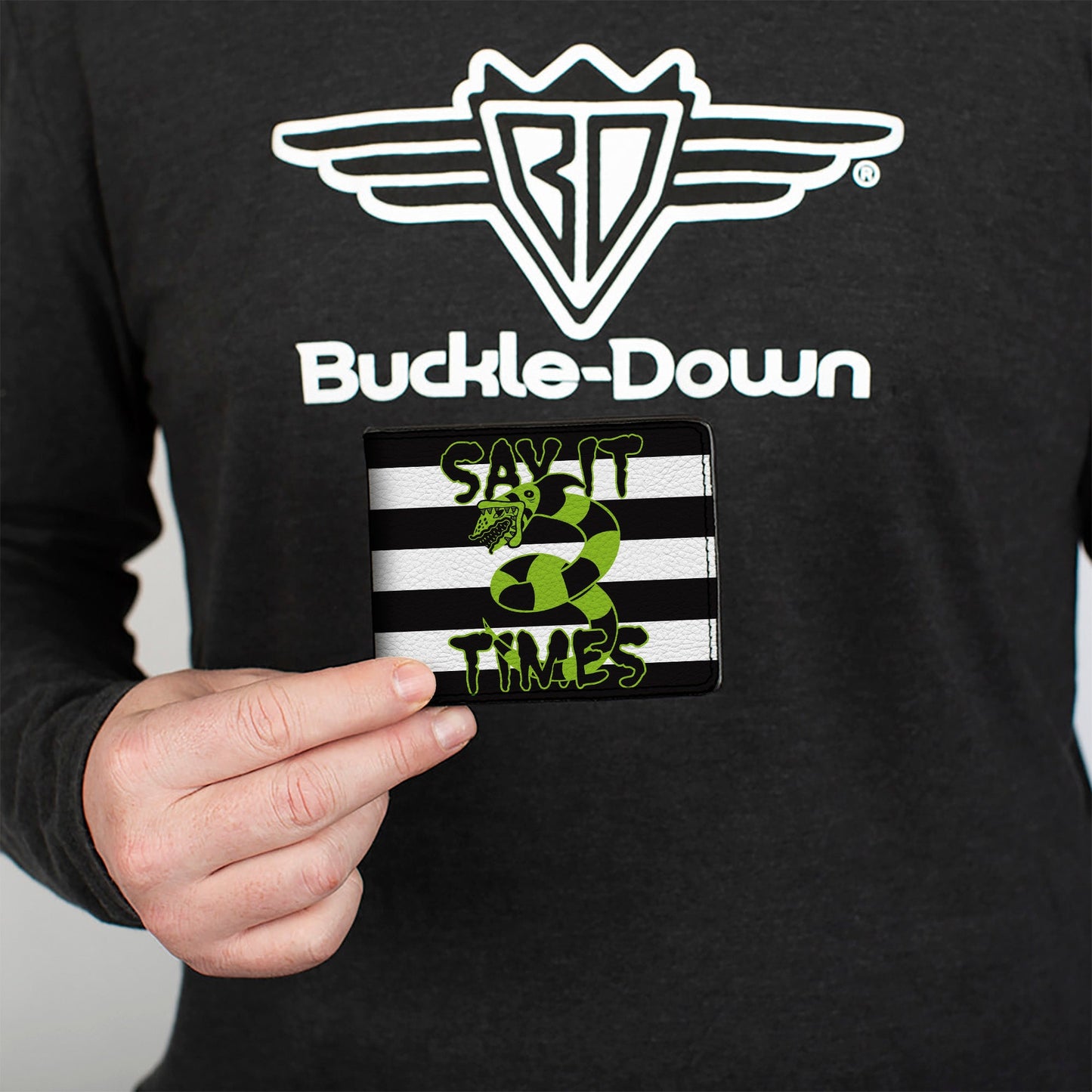 Bi-Fold Wallet - Beetlejuice SAY IT TEN TIMES Sandworm Pose Stripe Black/White/Green