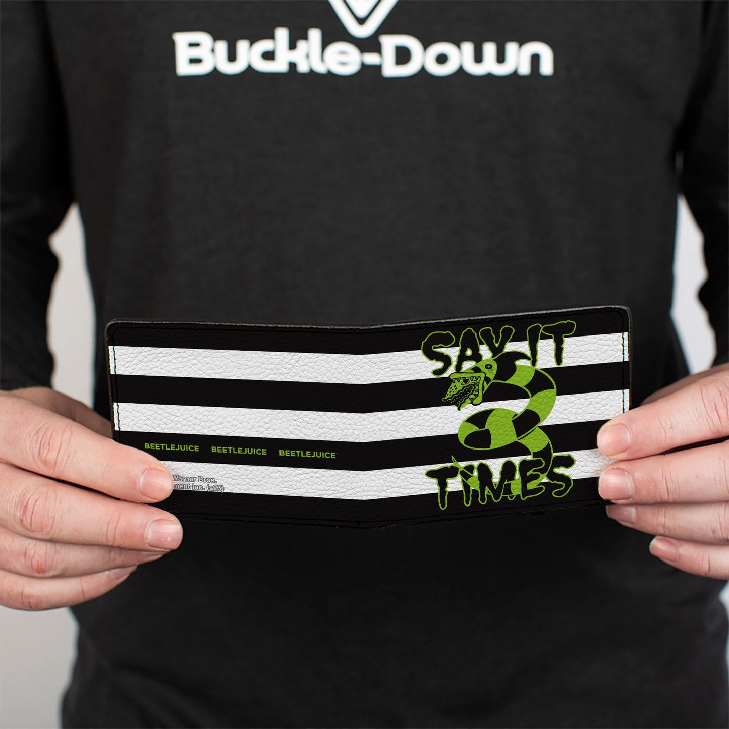 Bi-Fold Wallet - Beetlejuice SAY IT TEN TIMES Sandworm Pose Stripe Black/White/Green