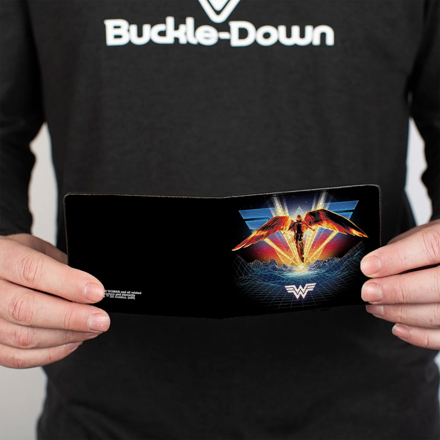 Bi-Fold Wallet - Wonder Woman 1984 Golden Armor Pose WW Logo Topography Black Blues Reds Yellow