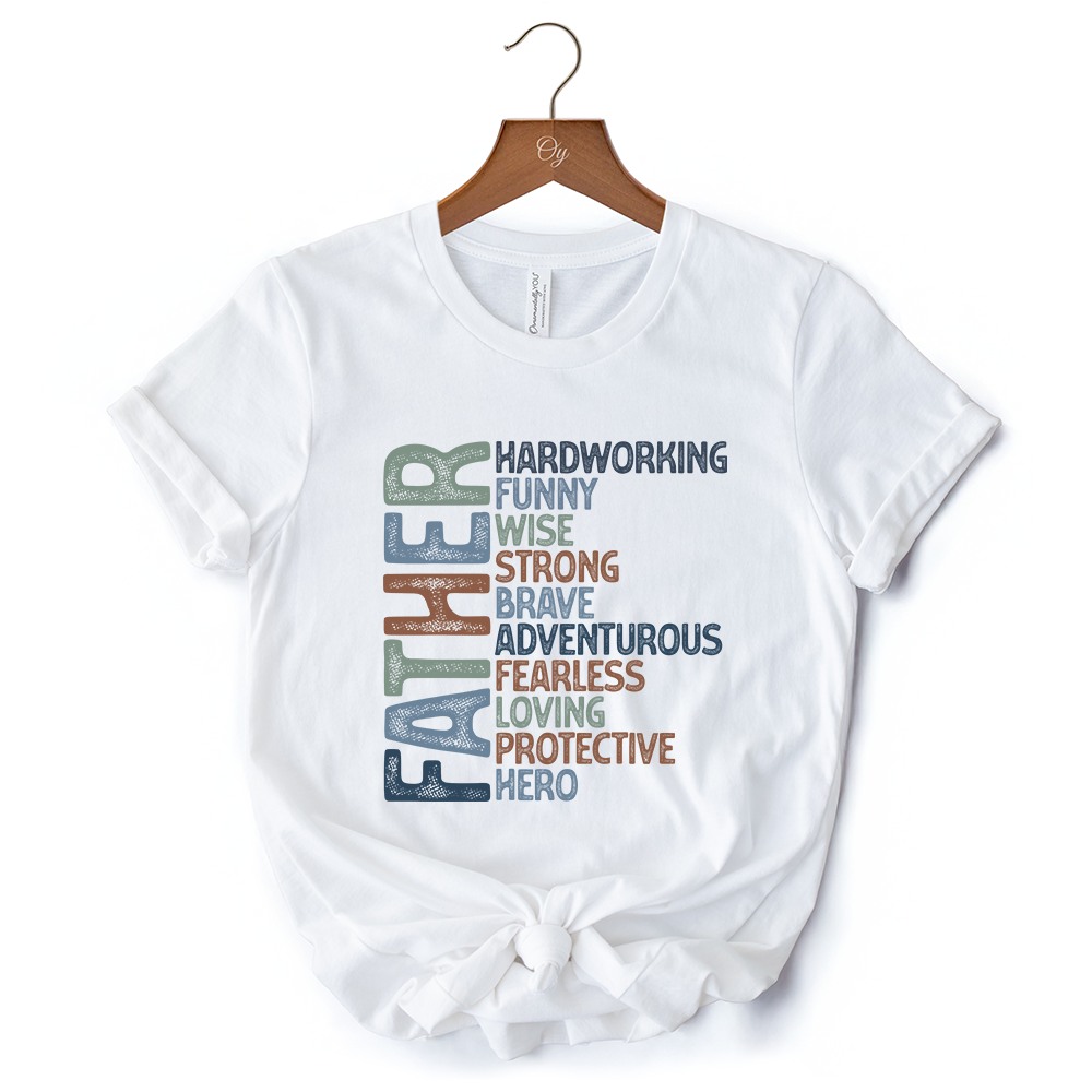 Father Definition T-Shirt, White and Natural Inspirational Tee for Hero Dad
