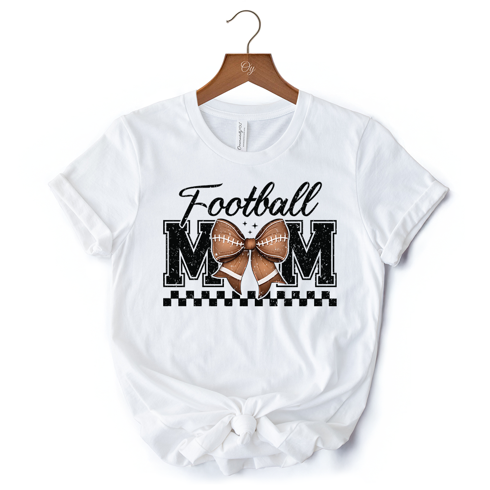 Football Mom Coquette Bow Retro T-Shirt, Stylish Game Day White Tee for Trendy and Proud Sports Mothers