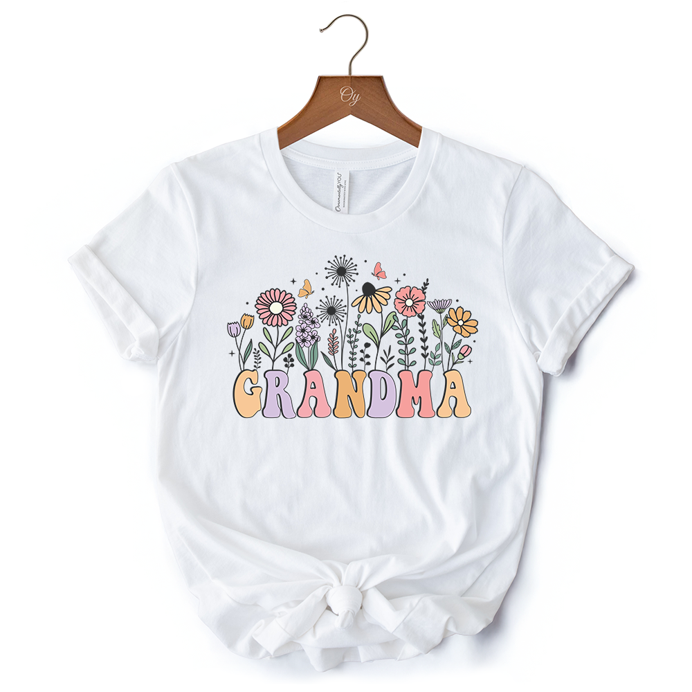 Retro Flowers Grandma T-Shirt, White Floral Tee Gift for Mothers Day