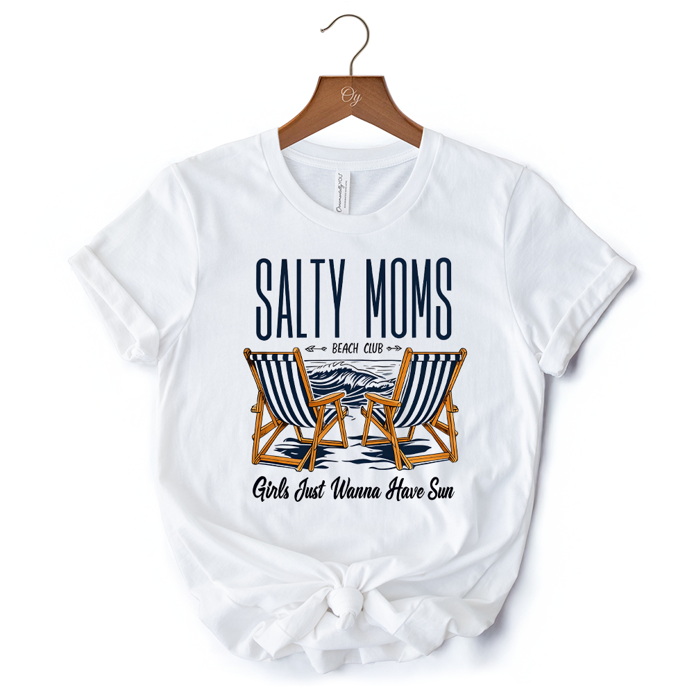 Salty Moms Beach Club T-Shirt, Retro White Tee for Cool Summer Mothers