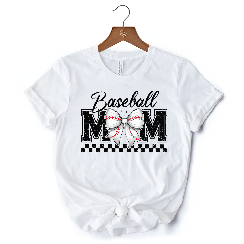 Baseball Mom Coquette Bow Retro T-Shirt, Stylish Game Day White Tee for Trendy and Proud Sports Mothers