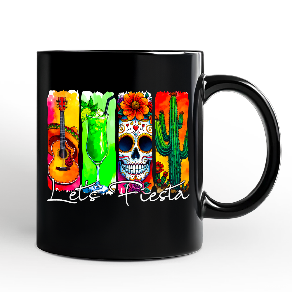 Cinco De Mayo Brushstroke Mexican Mug, Letโs Fiesta Guitar Margarita Skull Cactus Gift