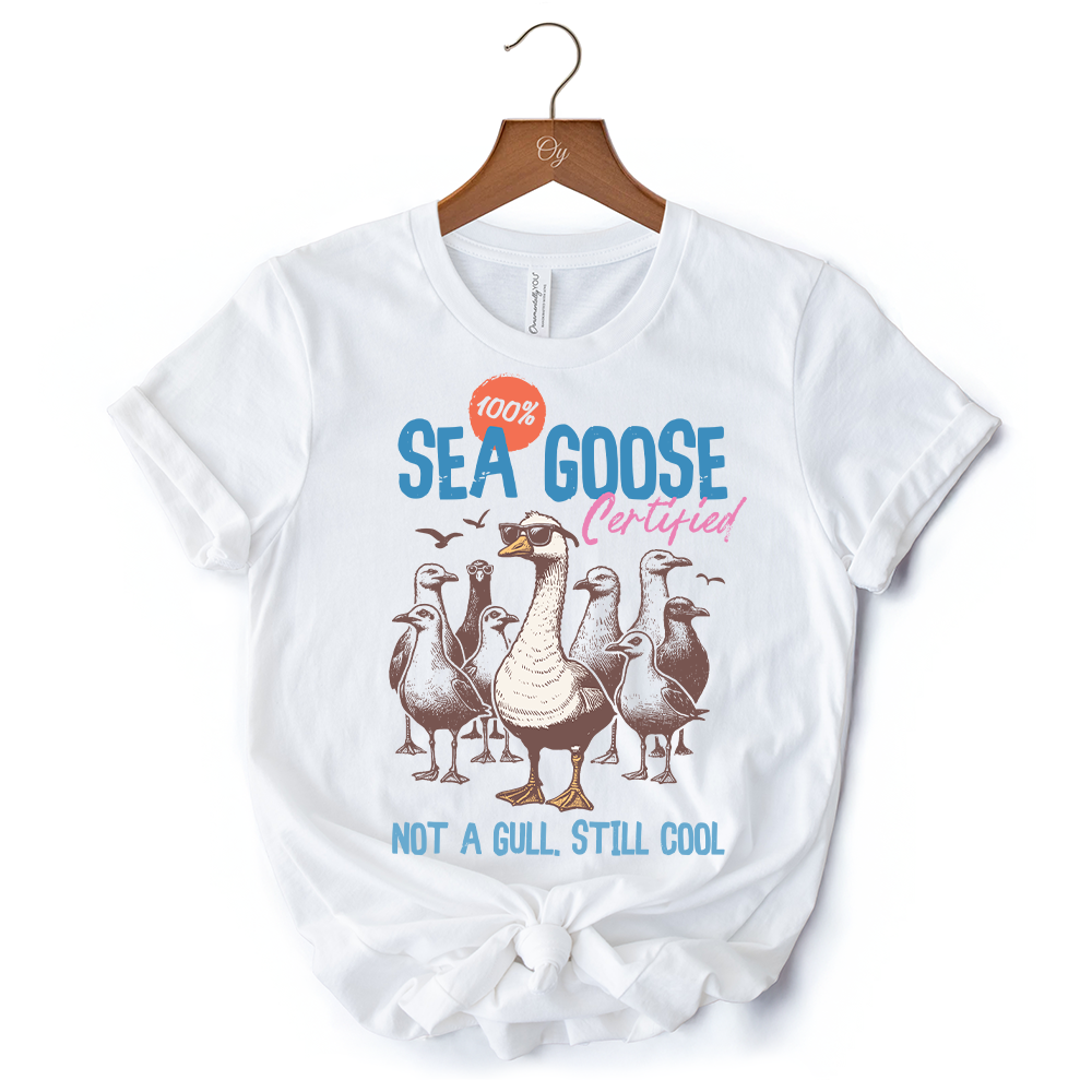 Cool Summer Sea Goose Certified T-Shirt, Funny Retro White and Natural Tee for Beach Lovers