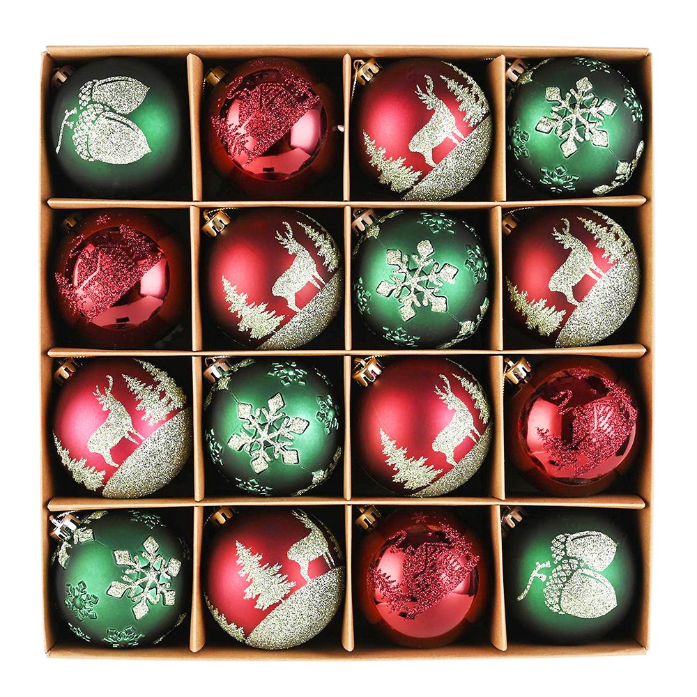Majestic Winterly Nature Glittered Ornament Bauble Set, Red and Green Balls Bundle with Acorns, Snowflakes, and Spruce Tree Accents