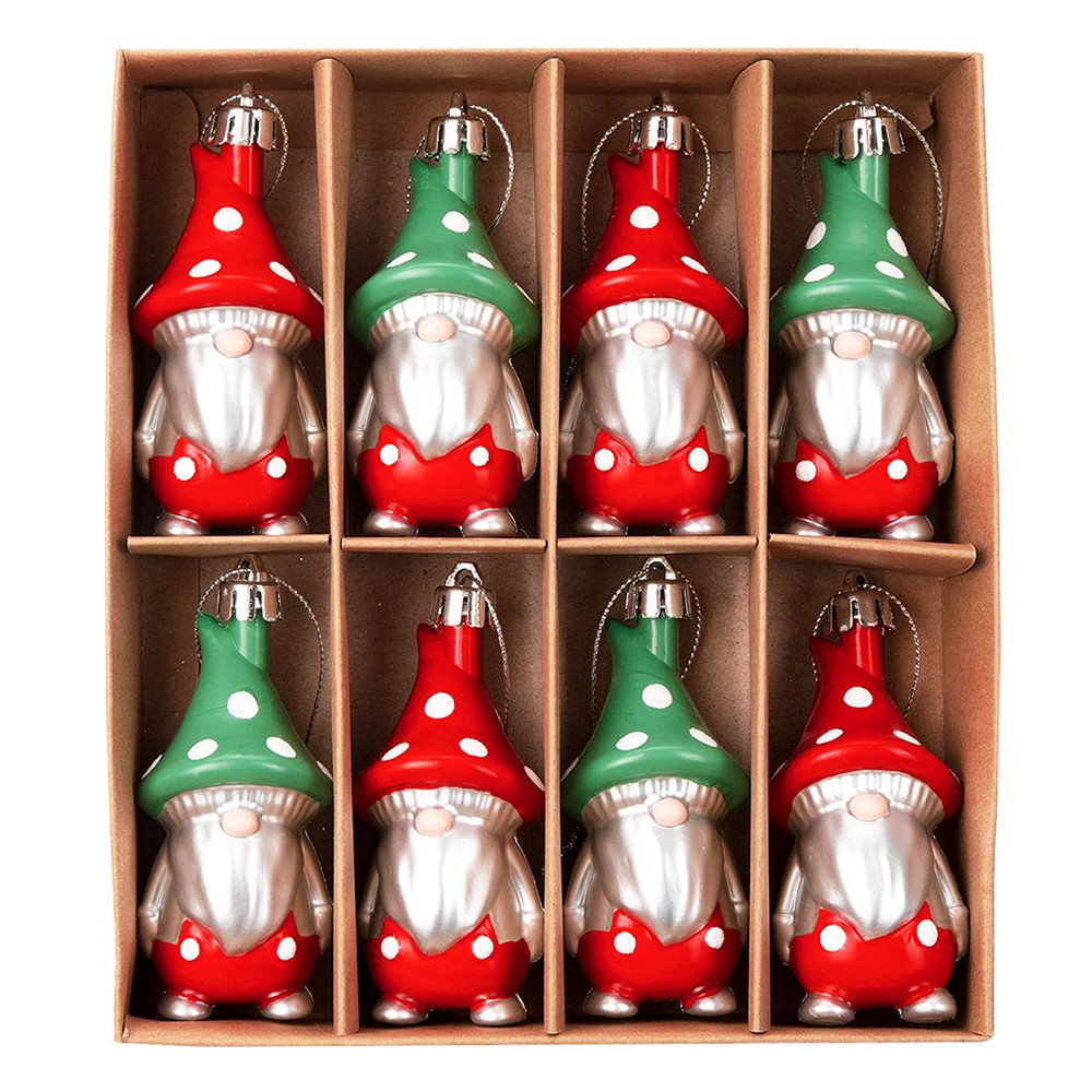 Red and Green Polka Dot Christmas Folksy Gnome Ornament Set, 8 Shatterproof Tree Gnomies