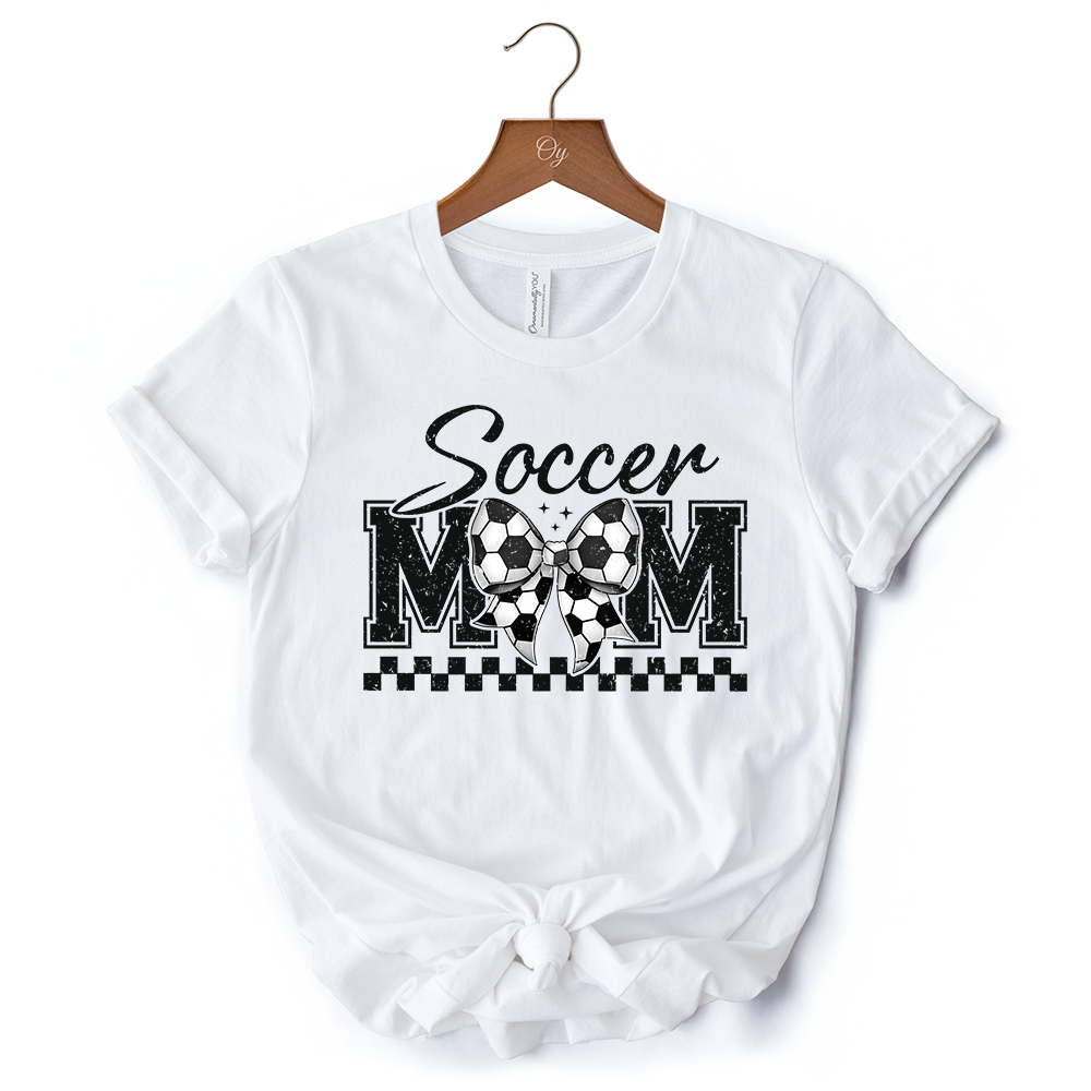 Soccer Mom Coquette Bow Retro T-Shirt, Stylish Game Day White Tee for Trendy and Proud Sports Mothers